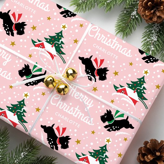 Vrolijk Kerstfeest Scottie Hond Snow Fun Naam Pink Cadeaupapier