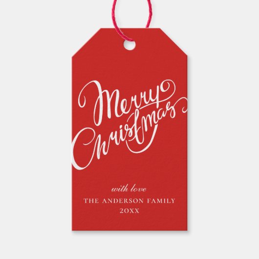 vrolijk kerstfeest. Script rood en wit vakantie Cadeaulabel (Voorkant)