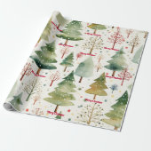 Vrolijk Kerstfeest Seizoensgebonden Groene Bosbome Cadeaupapier (Uitgerold)