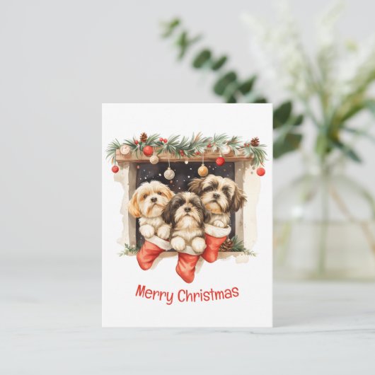 Vrolijk Kerstfeest Shih Tzu Honden Briefkaart (Staand voorkant)