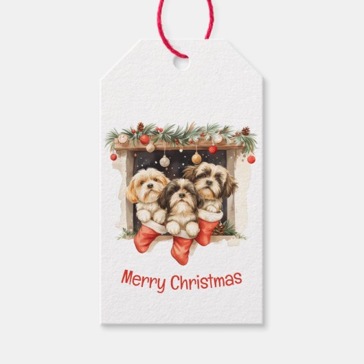 Vrolijk Kerstfeest Shih Tzu Honden Cadeaulabel (Voorkant)