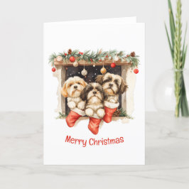 Vrolijk Kerstfeest Shih Tzu Honden Feestdagen Kaart