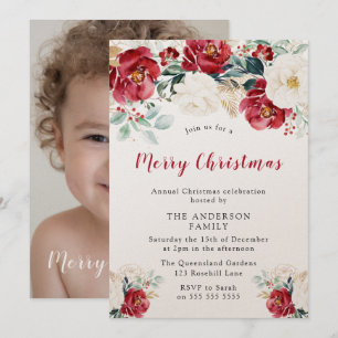 Vrolijk kerstfeest Shimmer Burgundy Red Flowers Kaart