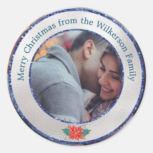 Vrolijk kerstfeest SIlver & Blue Glitter Aangepast Ronde Sticker (Voorkant)
