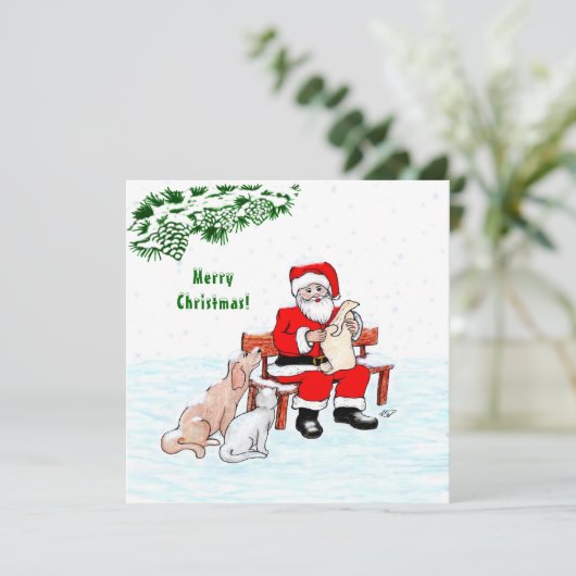 Vrolijk kerstfeest! Sinterklaas met kat en hond (Staand voorkant)