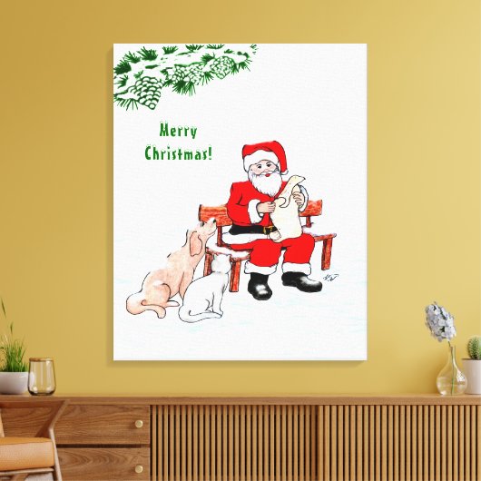 Vrolijk kerstfeest! Sinterklaas met kat en hond Canvas Afdruk (Insitu (Woonkamer))