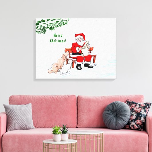 Vrolijk kerstfeest! Sinterklaas met kat en hond Canvas Afdruk (Insitu (Woonkamer))