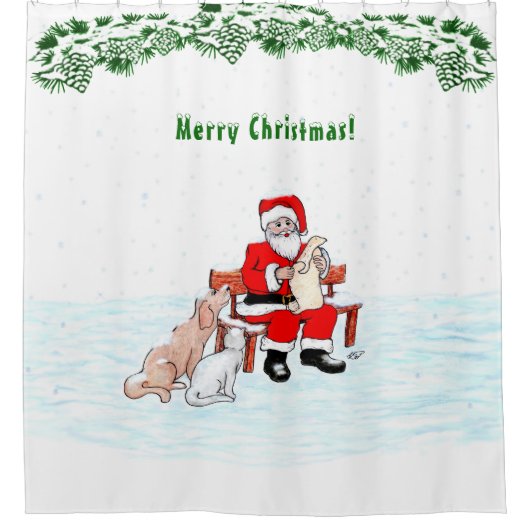 Vrolijk kerstfeest! Sinterklaas met kat en hond Douchegordijn (Voorkant)