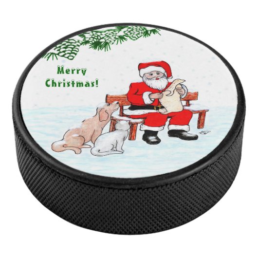 Vrolijk kerstfeest! Sinterklaas met kat en hond Hockey Puck (3/4)