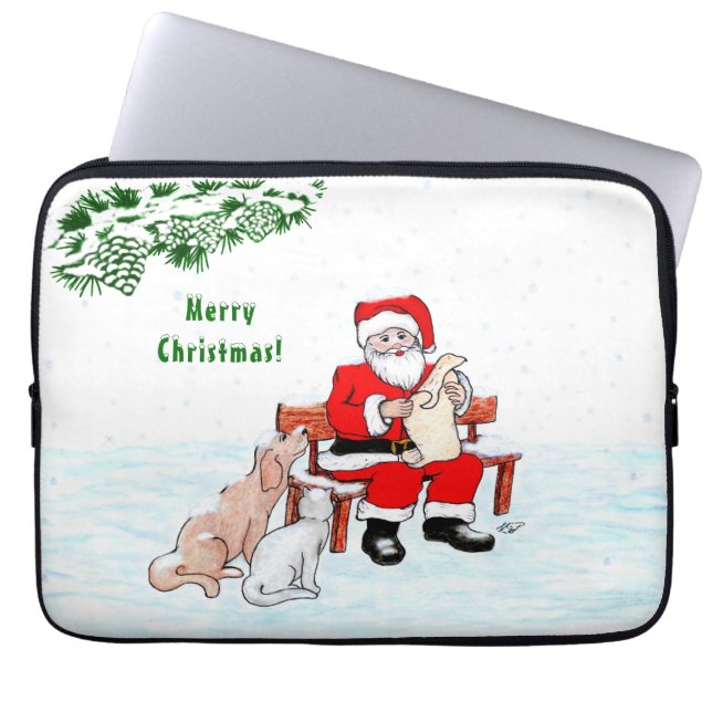 Vrolijk kerstfeest! Sinterklaas met kat en hond Laptop Sleeve (Voorkant)