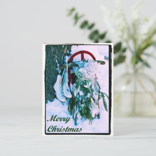 Vrolijk Kerstfeest - Sled - Ice Schaatsen - Briefk Feestdagenkaart (Staand voorkant)