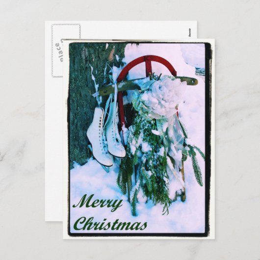 Vrolijk Kerstfeest - Sled - Ice Schaatsen - Briefk Feestdagenkaart (Voorkant / Achterkant)