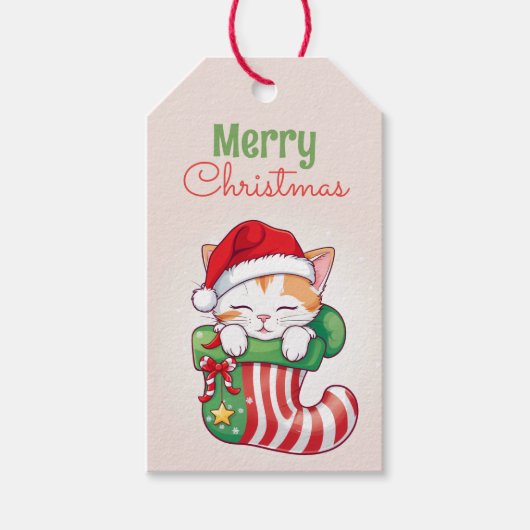 Vrolijk Kerstfeest - Sleeping Kitten in Santa Hat Cadeaulabel (Voorkant)