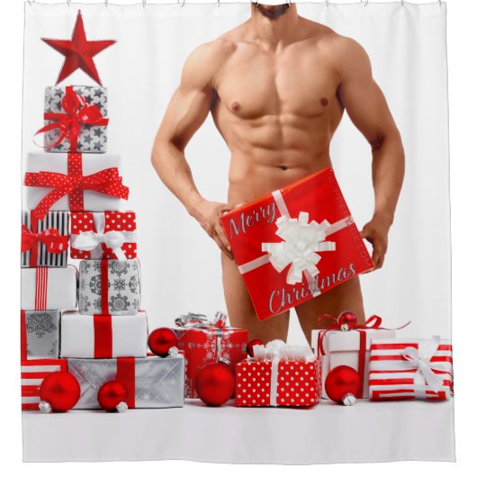 Vrolijk Kerstfeest SlipperyJoe rood wit zilver cad Douchegordijn (Voorkant)