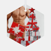 Vrolijk Kerstfeest SlipperyJoe rood wit zilver cad Glas Ornament (Achterkant)