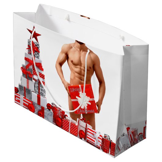 Vrolijk Kerstfeest SlipperyJoe rood wit zilver cad Groot Cadeauzakje (Achterkant Gekanteld)