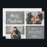 Vrolijk Kerstfeest Sneeuw of Sneeuwvlok Fotokaart Feestdagenkaart<br><div class="desc">Vrolijk Kerstfeest Houtskool Grijs Hand Lettered Script Twee Fotokaart. De foto en tekst van dit handgeschreven penseelscript kunnen worden bijgewerkt en aangepast met uw foto en naam. Deze kaart toont ook jouw namen op de achterkant van de Kaart.</div>