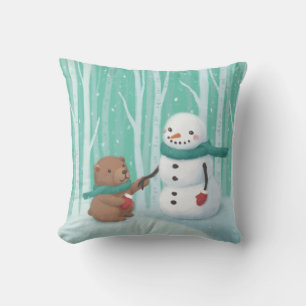 Vrolijk Kerstfeest: Sneeuwman & Beer Illustratie K Kussen