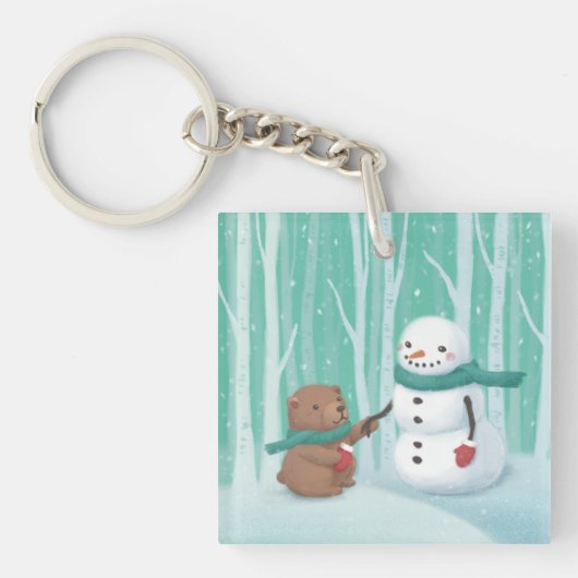 Vrolijk Kerstfeest: Sneeuwman & Beer Illustratie K Sleutelhanger (voorkant)