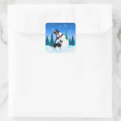 Vrolijk Kerstfeest Sneeuwman en Border Collie Vierkante Sticker (Tas)