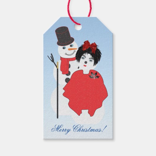 Vrolijk kerstfeest! Sneeuwman- en damescadeauLabel Cadeaulabel (Voorkant)