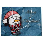 Vrolijk kerstfeest, sneeuwman met gebreide kleding groot cadeauzakje (Voorkant)