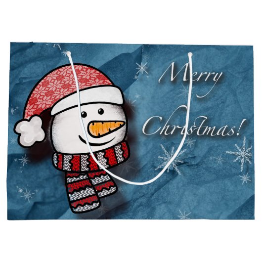 Vrolijk kerstfeest, sneeuwman met gebreide kleding groot cadeauzakje (Achterkant)