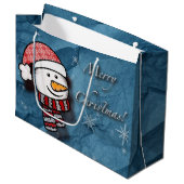 Vrolijk kerstfeest, sneeuwman met gebreide kleding groot cadeauzakje (Voorkant Gekanteld)