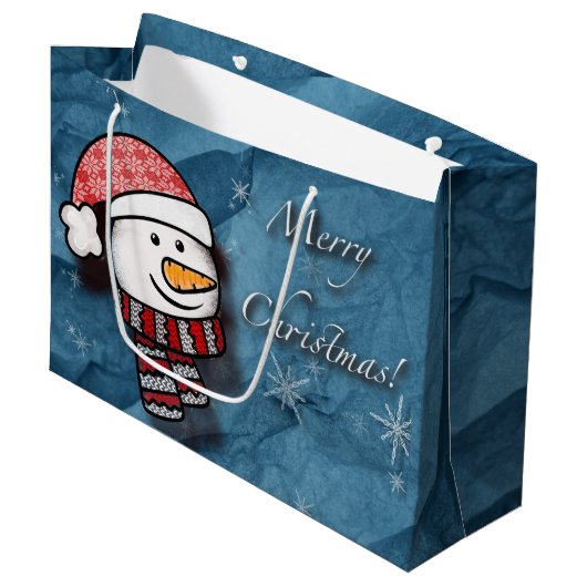 Vrolijk kerstfeest, sneeuwman met gebreide kleding groot cadeauzakje (Voorkant Gekanteld)