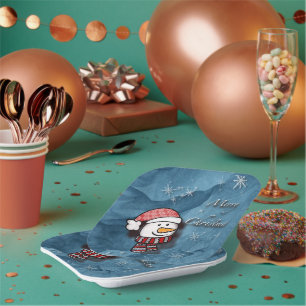 Vrolijk kerstfeest, sneeuwman met gebreide kleding papieren bordje