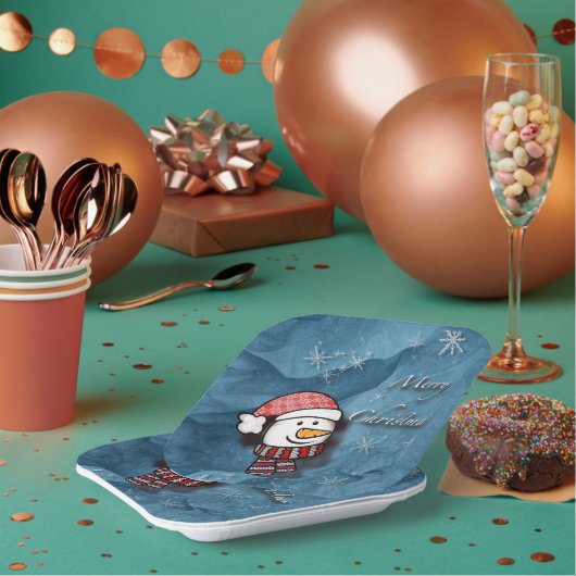 Vrolijk kerstfeest, sneeuwman met gebreide kleding papieren bordje (Multi)