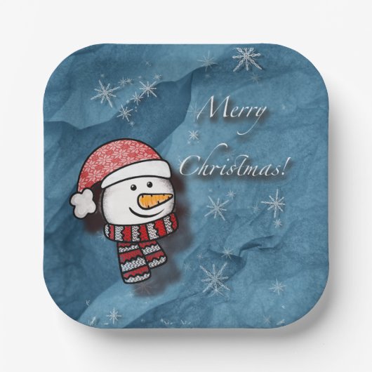 Vrolijk kerstfeest, sneeuwman met gebreide kleding papieren bordje (Voorkant)