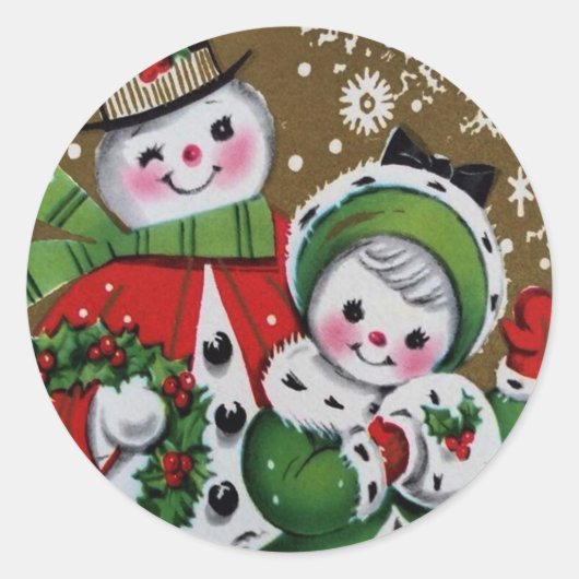 Vrolijk Kerstfeest Sneeuwman & zijn Vriendin Ronde Sticker (Voorkant)