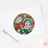 Vrolijk Kerstfeest Sneeuwman & zijn Vriendin Ronde Sticker (Envelop)