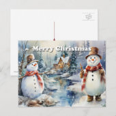 Vrolijk kerstfeest Sneeuwmannen Blokhut Rivier  Aankondigingskaart (Voorkant / Achterkant)