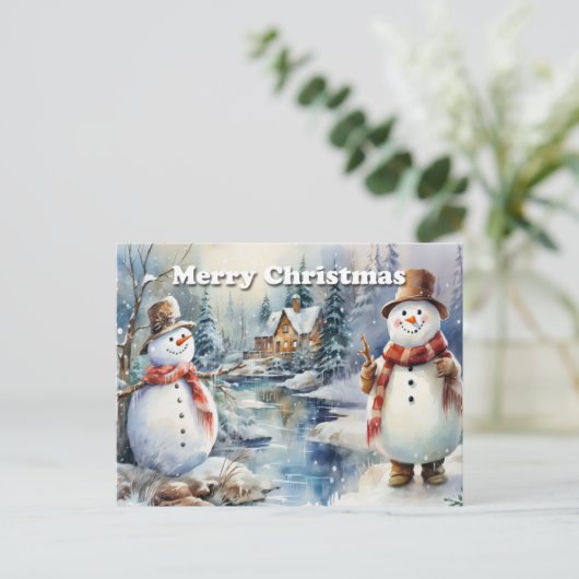 Vrolijk kerstfeest Sneeuwmannen Blokhut Rivier  Aankondigingskaart (Staand voorkant)