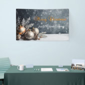 Vrolijk kerstfeest, sneeuwvlokken, ballen, grijs spandoek (Beurs)