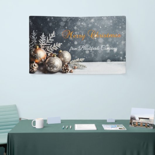 Vrolijk kerstfeest, sneeuwvlokken, ballen, grijs spandoek (Beurs)