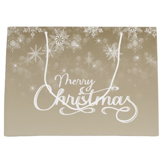 Vrolijk Kerstfeest Sneeuwvlokken Beige Vakantie Groot Cadeauzakje (Voorkant)