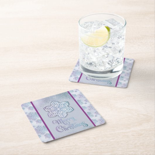 Vrolijk Kerstfeest Sneeuwvlokken Iridescent Blauw Kartonnen Onderzetters (Insitu)