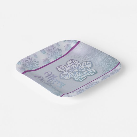 Vrolijk Kerstfeest Sneeuwvlokken Iridescent Blauw  Papieren Bordje (Gebogen)
