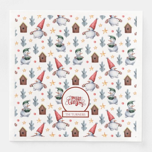 Vrolijk Kerstfeest Sneeuwvlokken Monogram Servet (Voorkant)