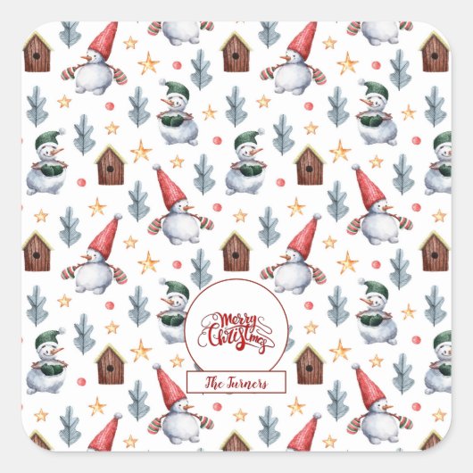 Vrolijk Kerstfeest Sneeuwvlokken Monogram Vierkante Sticker (Voorkant)