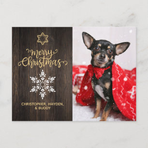 Vrolijk kerstfeest, snoewflake en houtsproeifoto briefkaart