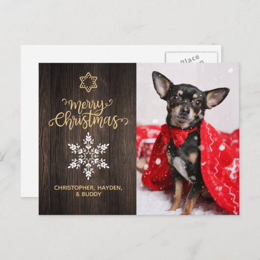 Vrolijk kerstfeest, snoewflake en houtsproeifoto briefkaart (Voorkant / Achterkant)