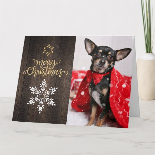 Vrolijk kerstfeest, snoewflake en houtsproeifoto kaart (Voorkant)