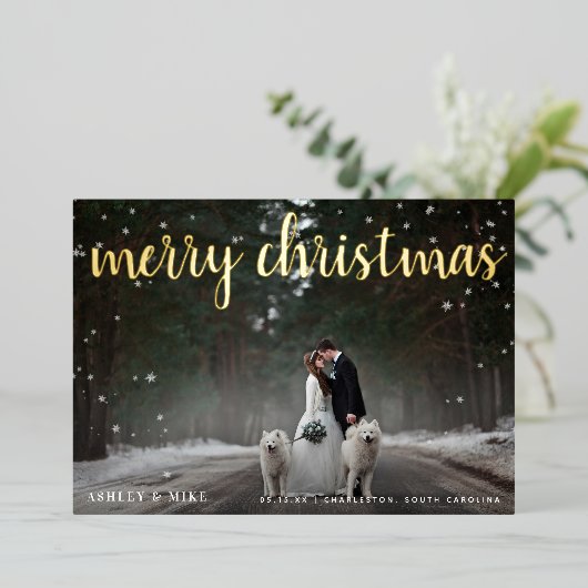 Vrolijk kerstfeest Snow 2 Fotohuwelijk Dank je wel Folie Feestdagenkaart (Staand Voorkant)