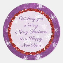 Vrolijk kerstfeest Snowflake Paarse en rode sticke Ronde Sticker