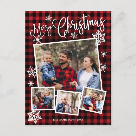 Vrolijk kerstfeest Snowflake Rustic 4 foto's Briefkaart (Voorkant)