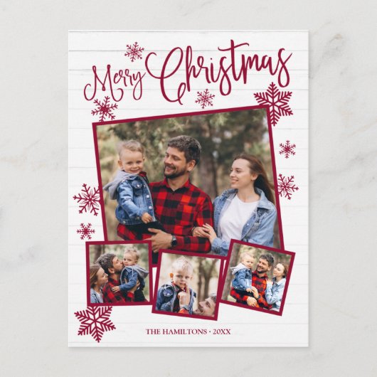 Vrolijk kerstfeest Snowflake Rustic 4 foto's Briefkaart (Voorkant)